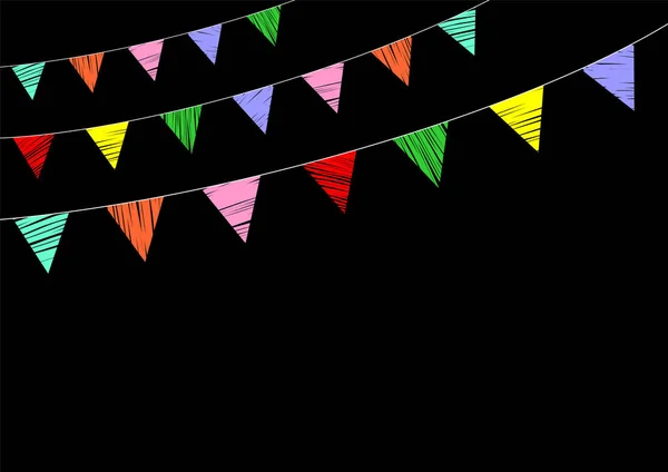 Bandeiras Multicoloridas Festa Desenhada Mão Fundo Preto —  Vetores de Stock