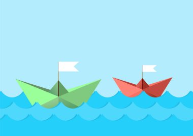 Mavi dalgalar üzerinde yeşil ve kırmızı kağıt tekneler