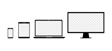 Beyaz arka plandaki vektör araçlarının seti. Akıllı telefon, tablet, dizüstü bilgisayar ve monitör