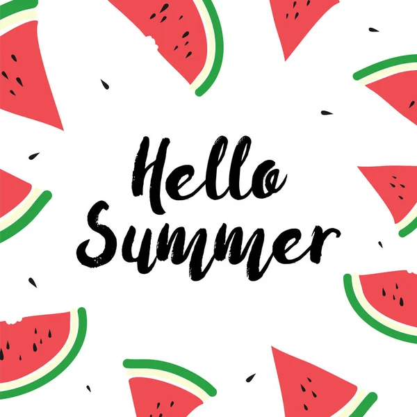 Hello Summer Hand Dras Kort Handritade Vattenmeloner Den Vita Bakgrunden — Stock vektor