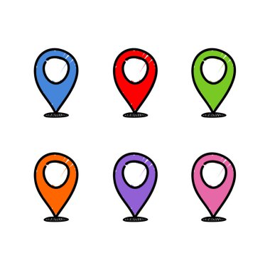 Vector hand drawn location multicolored pins on white background. Vector point position vector