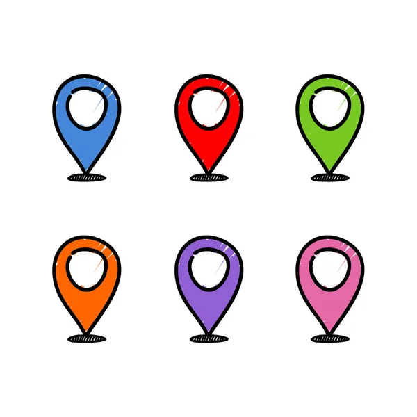 Vector Hand Drawn Location Multicolored Pins White Background Vector Point — Stock Vector