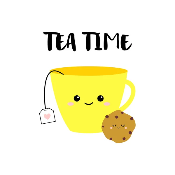 Chávena Amarela Engraçada Chá Biscoito Fundo Branco Cartão Vetorial Tempo — Vetor de Stock