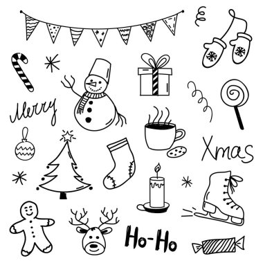 Beyaz arka plan üzerinde Noel el çizilmiş doodle seti