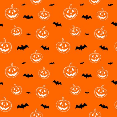 Cadılar Bayramı el turuncu arka plan üzerinde sorunsuz desen çizilmiş. Kabaklar ve yarasalar