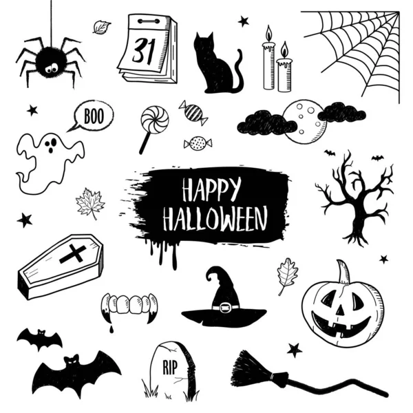 Set Halloween Hand Drawn Vector Doodles White Background Halloween Black — Stock Vector