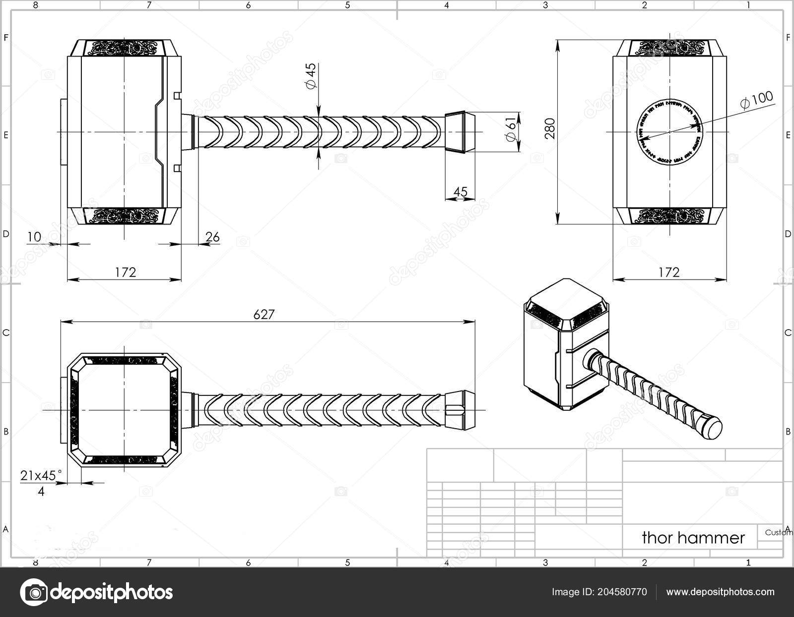 Illustration Thor Hammer Engineering Drawing Stock Illustration by