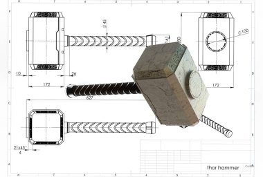 thor 3D çizimi çekiç yakınındaki mühendislik çizim