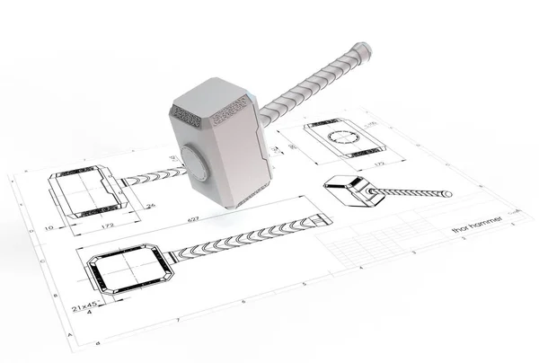 Ilustración Thor Martillo Cerca Dibujo Ingeniería —  Fotos de Stock