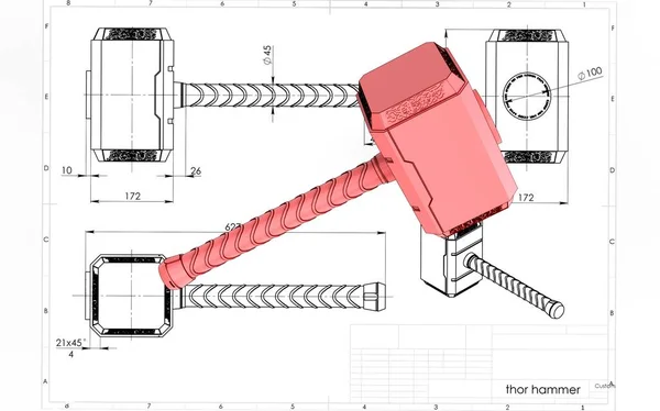 Ilustración Thor Martillo Cerca Dibujo Ingeniería —  Fotos de Stock