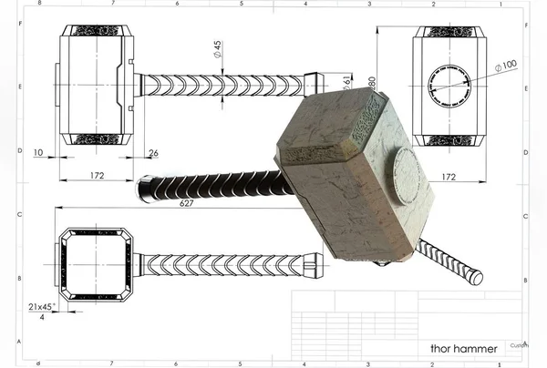 Ilustración Thor Martillo Cerca Dibujo Ingeniería —  Fotos de Stock