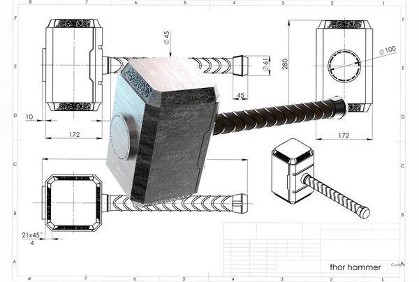 Ilustración Thor Martillo Cerca Dibujo Ingeniería —  Fotos de Stock