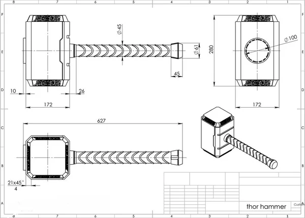 Illustration Thor Hammer Engineering Drawing — Stock Photo, Image