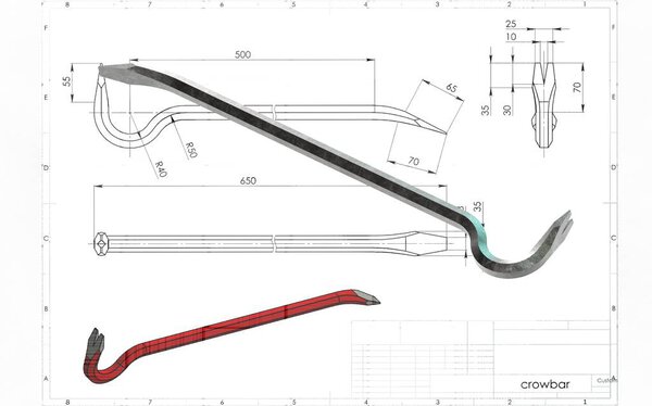 3D illustration of crowbar above engineering drawing
