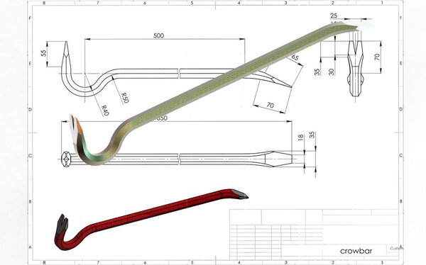 3D illustration of crowbar above engineering drawing