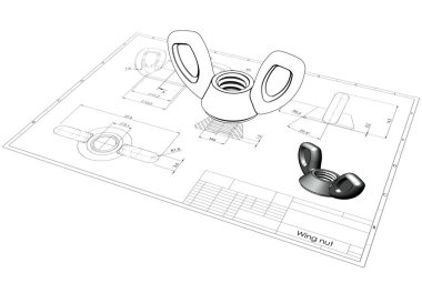 Kelebek somun mühendislik çizim yukarıda 3D çizimi