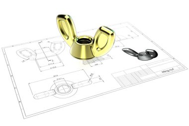 Kelebek somun mühendislik çizim yukarıda 3D çizimi