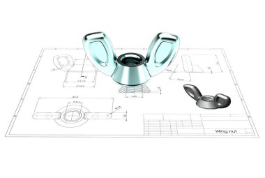 Kelebek somun mühendislik çizim yukarıda 3D çizimi