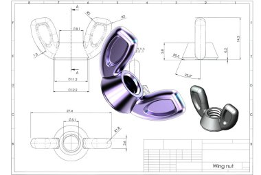 Kelebek somun mühendislik çizim yukarıda 3D çizimi