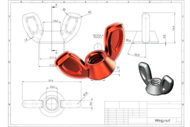 Kelebek somun mühendislik çizim yukarıda 3D çizimi
