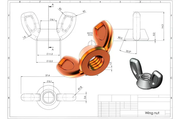 Illustratie Van Vleugelmoer Boven Technische Tekening — Stockfoto