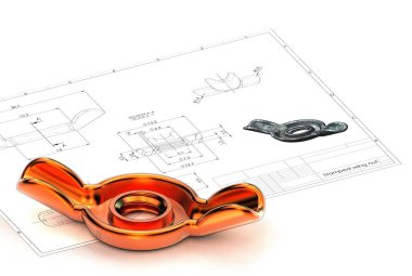Mühendislik çizim üzerinde damgalı Kelebek somun 3D çizimi
