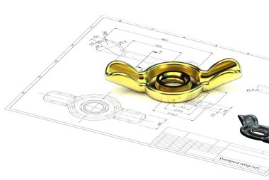 Mühendislik çizim üzerinde damgalı Kelebek somun 3D çizimi