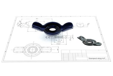 Mühendislik çizim üzerinde damgalı Kelebek somun 3D çizimi