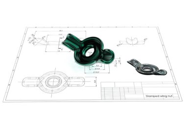 Mühendislik çizim üzerinde damgalı Kelebek somun 3D çizimi