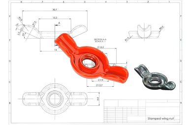 Mühendislik çizim üzerinde damgalı Kelebek somun 3D çizimi