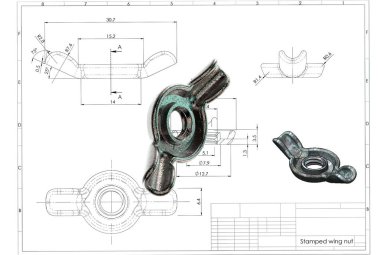 Mühendislik çizim üzerinde damgalı Kelebek somun 3D çizimi