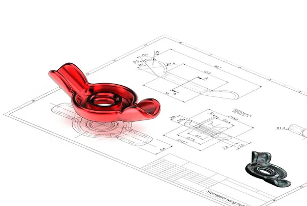 Ilustración Tuerca Ala Estampada Por Encima Del Dibujo Ingeniería — Foto de Stock