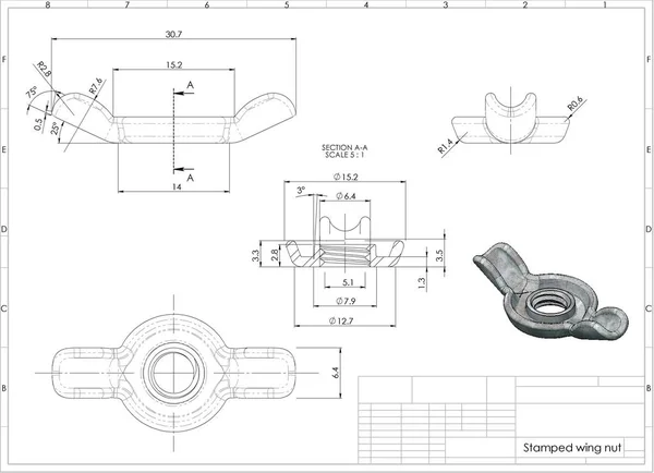 Mühendislik çizim üzerinde damgalı Kelebek somun 3D çizimi