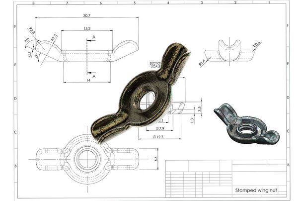 3d illustration of stamped wing nut above engineering drawing