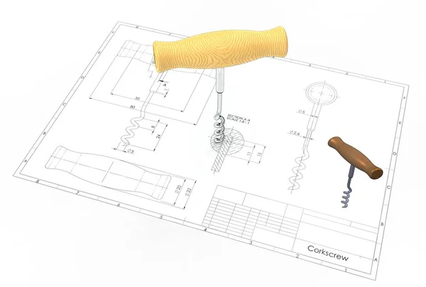 Illustratie Voor Corkscrew Boven Technische Tekening — Stockfoto