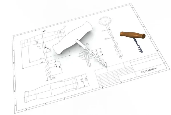 Ilustración Sacacorchos Por Encima Del Dibujo Ingeniería — Foto de Stock