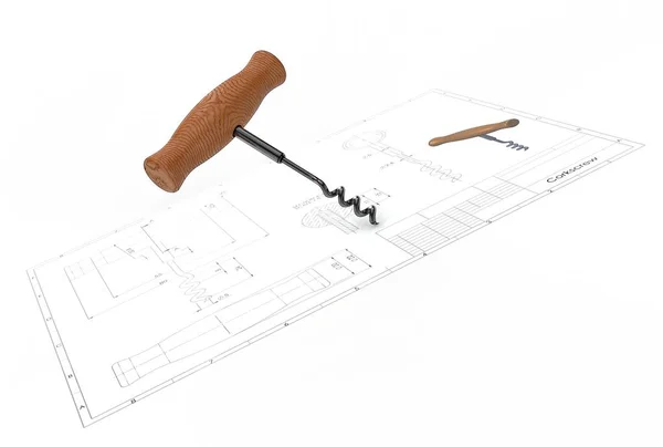 Ilustración Sacacorchos Por Encima Del Dibujo Ingeniería — Foto de Stock