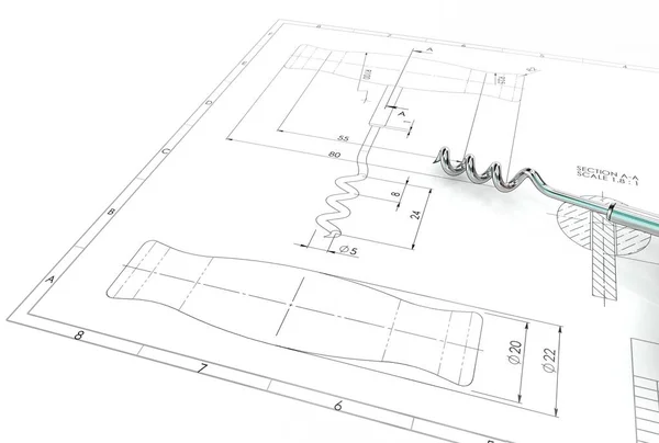 Illustratie Voor Corkscrew Boven Technische Tekening — Stockfoto