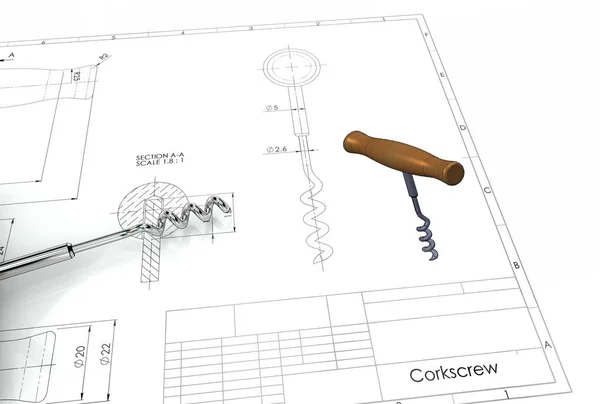 Ilustración Sacacorchos Por Encima Del Dibujo Ingeniería —  Fotos de Stock