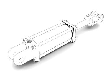 Beyaz arka plan üzerinde izole Hidrolik silindir 3D çizimi