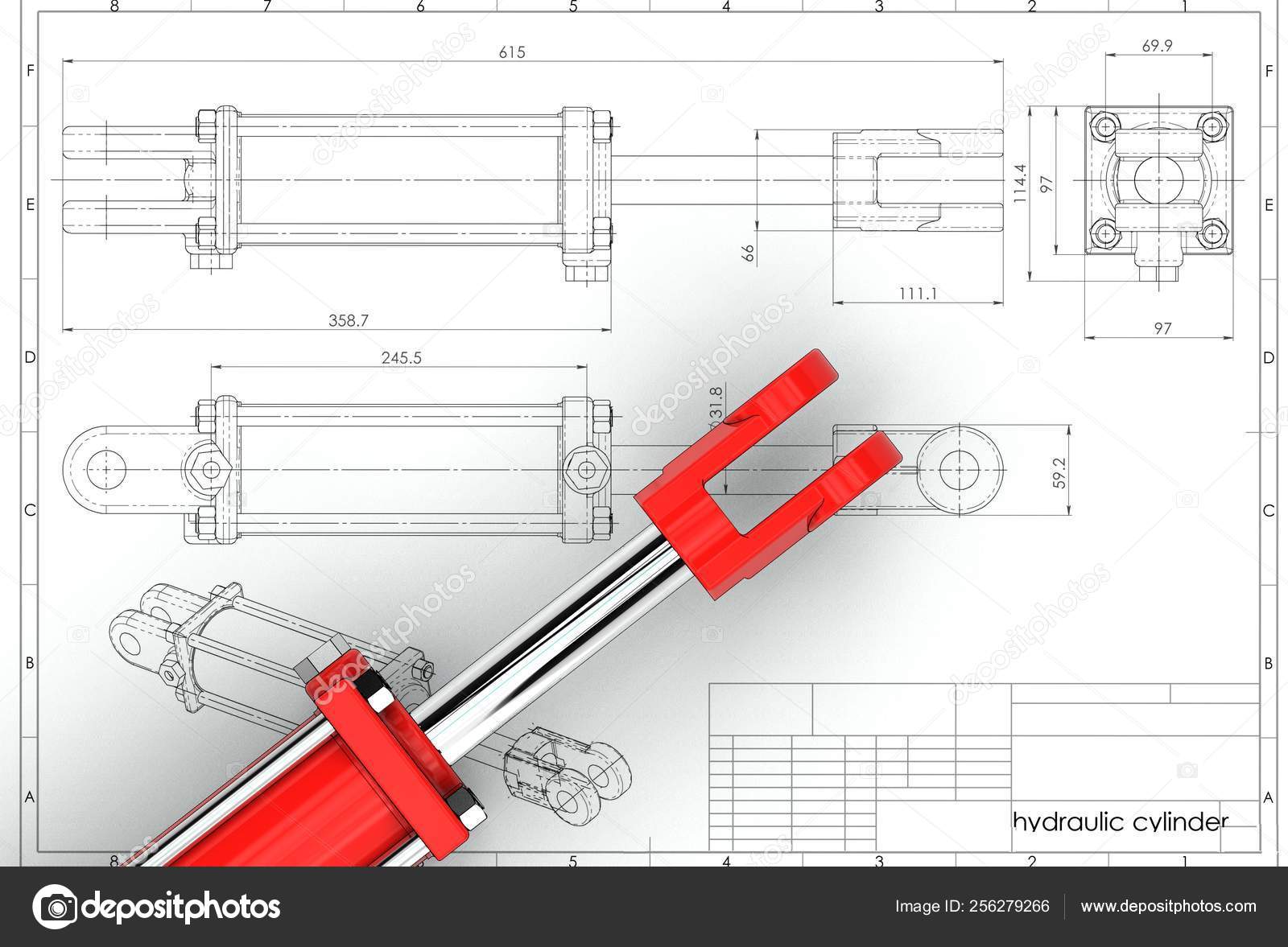 Illustration Hydraulic Cylinder Technical Engineering Drawing — Stock