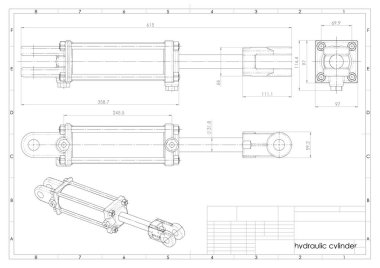 Teknik Mühendislik çizim üzerinde hidrolik silindir 3D Illustration