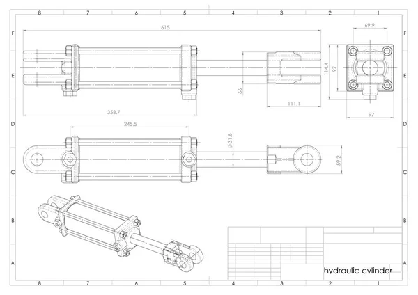 Abbildung Des Hydraulikzylinders Über Der Technischen Konstruktionszeichnung — Stockfoto