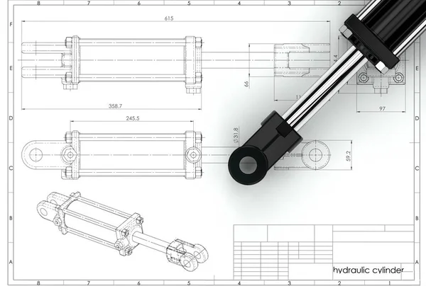 3d illustration of hydraulic cylinder above technical engineering drawing
