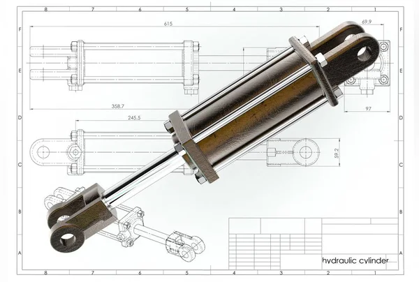 3d illustration of hydraulic cylinder above technical engineering drawing