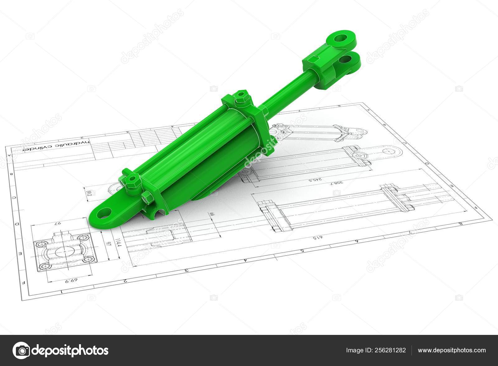 Illustration Hydraulic Cylinder Technical Engineering Drawing — Stock