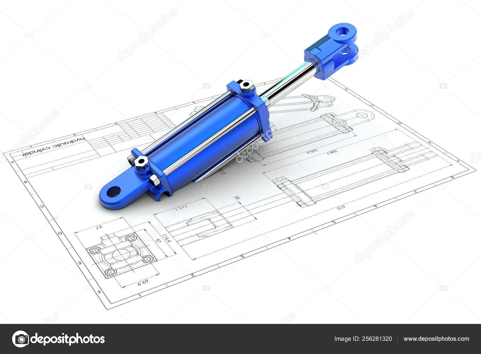 Illustration Hydraulic Cylinder Technical Engineering Drawing — Stock