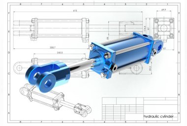 Teknik Mühendislik çizim üzerinde hidrolik silindir 3D Illustration