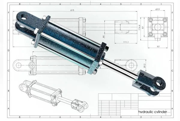 Abbildung Des Hydraulikzylinders Über Der Technischen Konstruktionszeichnung — Stockfoto
