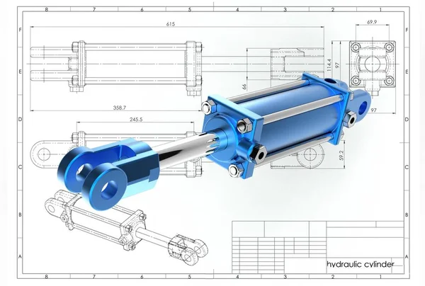 Teknik Mühendislik çizim üzerinde hidrolik silindir 3D Illustration
